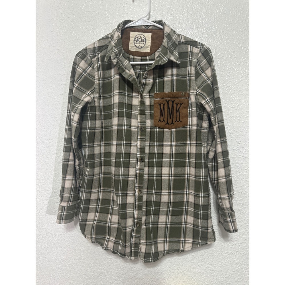 MarleyLilly Monogrammed Flannel Shirt Green Plaid Button Up Top Women M